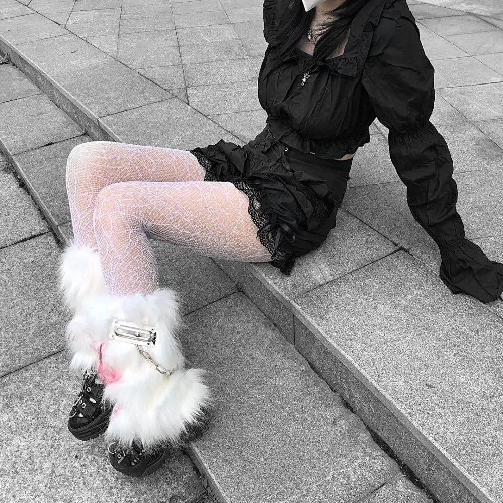 Winter Japanese Knee Sleeve Leg Cover Warm Bloody Metal Chain Harajuku Punk Handmade White Furry Leg Warmer