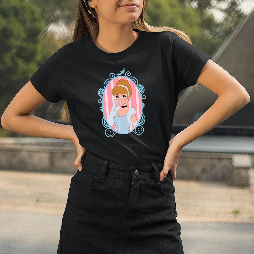 

Cinderella Princess In the Mirror Printing T Shirt Women Summer Kawaii Leisure Top Tee Casual Female Black S-3XL T-shirt