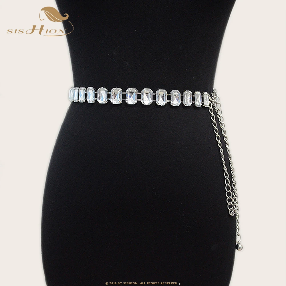 SISHION New Style Acrylic Crystal Waist Chain Fashion Women Rhinestone Inlaid Metal Thin Waist Belt SP1617