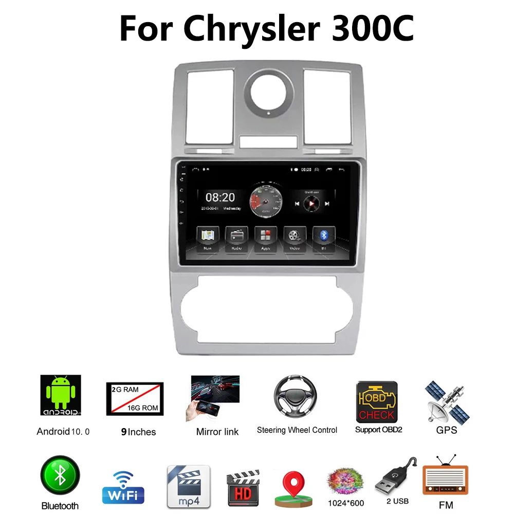 

Мультимедийная магнитола для Chrysler, мультимедийная стерео-система на Android 10, с 9 "экраном, Wi-Fi, Bluetooth, для Chrysler 300C, 2004, 2008, типоразмер 2 din