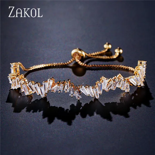 Gold Color ZAKOL Модный Блестящий AAA кубический циркон багет регулируемый браслет-цепочка и браслет для женщин и девушек Свадебные ювелирные изделия FSBP161 - Окраска металла: Gold Color
