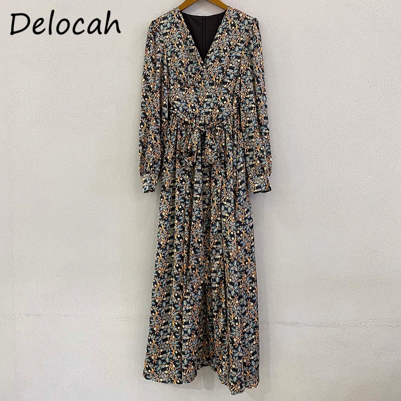 

Delocah New 2021 Autumn Women Fashion Runway Party Long Dress Sexy V-Neck Bow Sashes High Waist Floral Printed Elegant Dresses