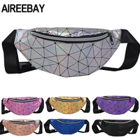 aireebay holographic fanny pack for women ladies hologram waist bag black geometric waist pack leather chest bag hip pouch
