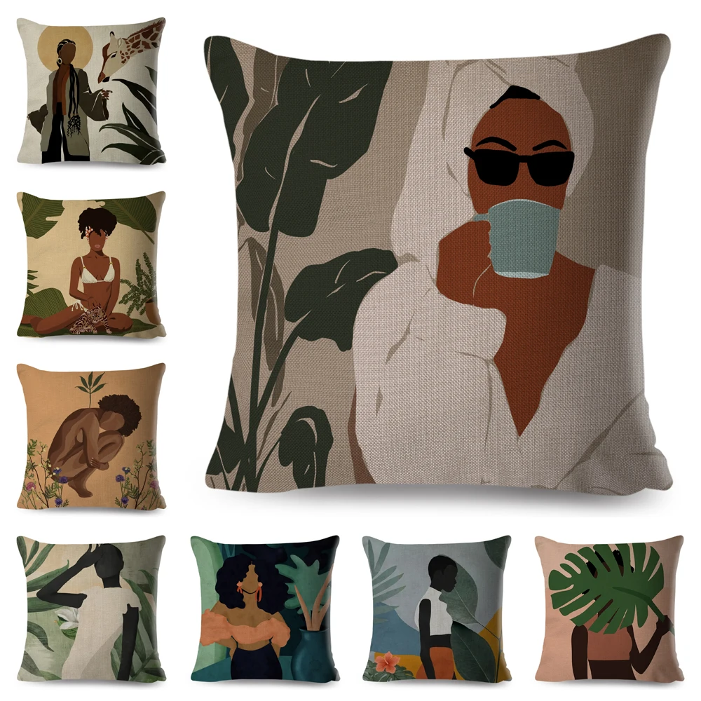 

Beautiful Black Africa Girl Pillow Case Linen Decor Cartoon Geometric Women Cushion Cover for Sofa Car Home Pillowcase 45x45cm