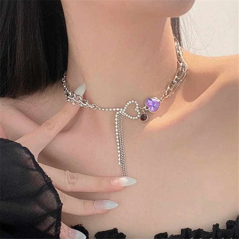 

Kpop Goth Sweet Transparent Purple Love Heart Crystal Tassel Pendant Clavicle Chain Chocker Necklace For Women Egirl Jewelry