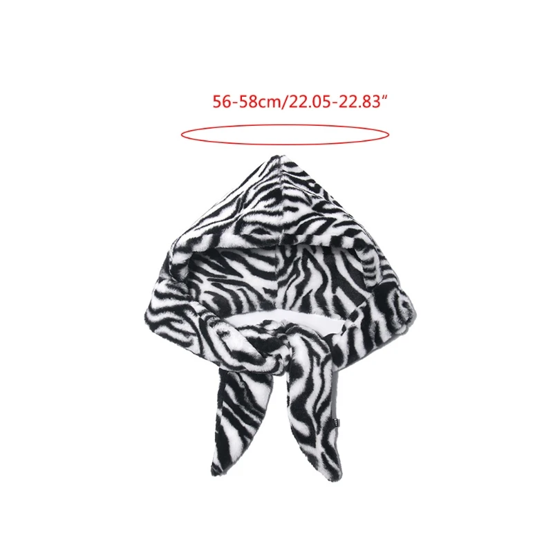 

Women Men Winter 2 In 1 Fluffy Plush Warm Hooded Long Scarf Hat Vintage Zebra Cow Animal Print Earflap Cap Windproof Neck