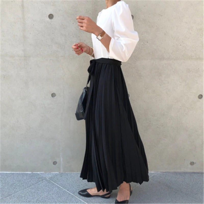 

2020 Fall New Casual Round Neck Hit Color Sashes Long Dress Women Elegant Fashion Patchwork Pleated Office Lady