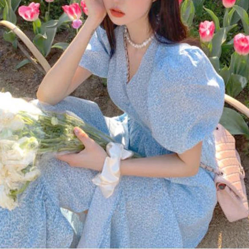 

2021 Women's Summer Dresses Casual Short Sleeve Elegant Midi Floral Dress Females Evening One Piece Dress Korean V-neck Design
