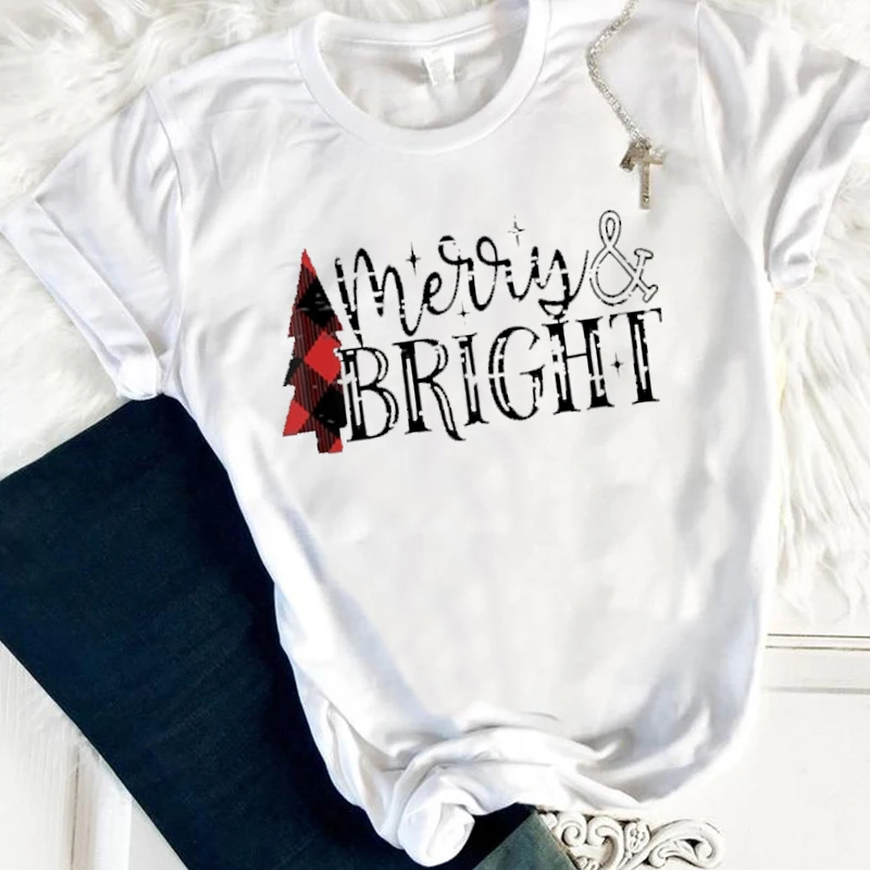 

Merry Bright Shirts Women Cute Christmas Winter Tshirt Gothic Streetwear Pink T Womens Plus Size shirt Tops