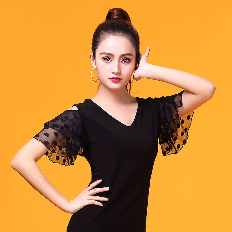 

Black V-neck Short Sleeve Modern Latin Dance Clothes Top for Women/female Dancers,dress Ballroom Costume Performance Wear F362