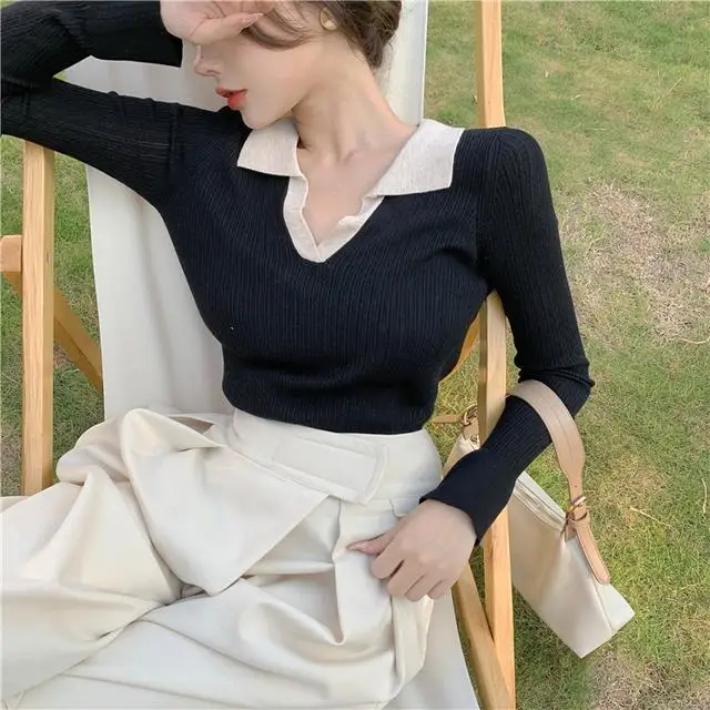 

Knitted Shirt Women's Winter Black Lapel Long Sleeve Sweater Lazy Wind Top New Foreign Style Backing Shirt
