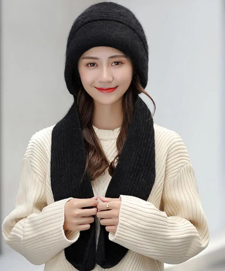 

Solid color women winter beanie&scarf set warm thick rabbit fur knitted hat&scarf accessories