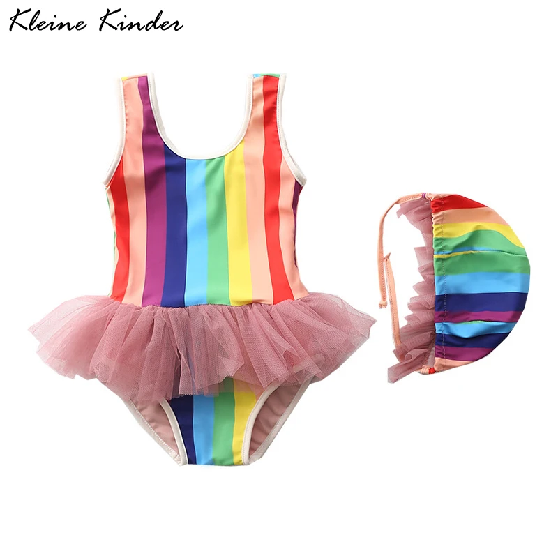 Детское бикини пачка для девочек цельный купальный костюм радужной расцветки