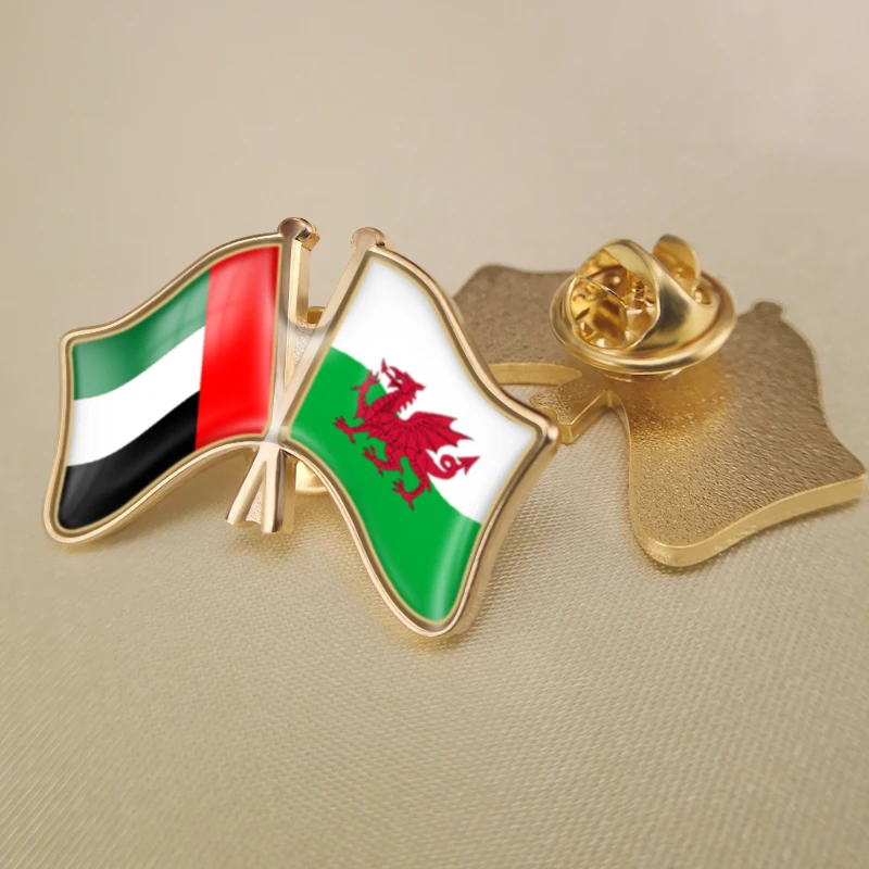

United Arab Emirates and Welsh Crossed Double Friendship Flags Lapel Pins Brooch Badges