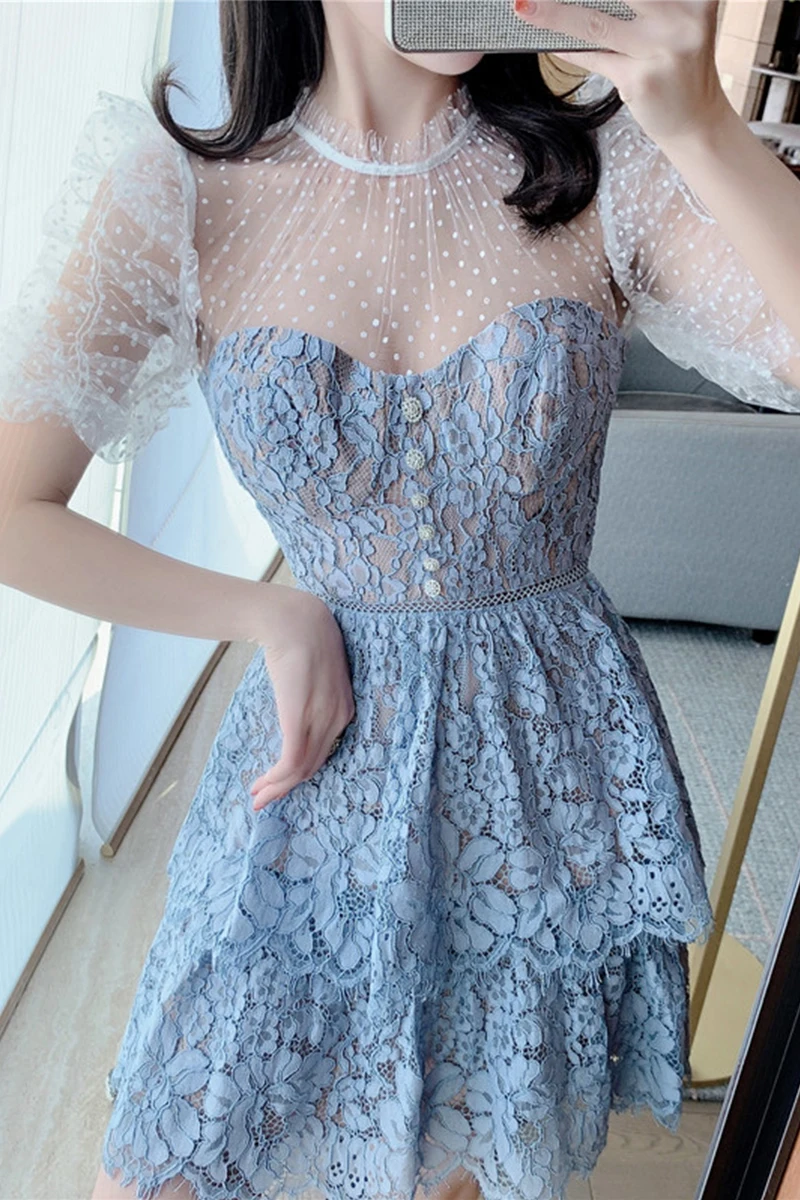 

Korean Sexy Polka Dot Lace Mesh Ruffles Dresses Female 2021 Summer Blue Short Sleeve Ruched Floral Vestidos Patchwork Midi Dress