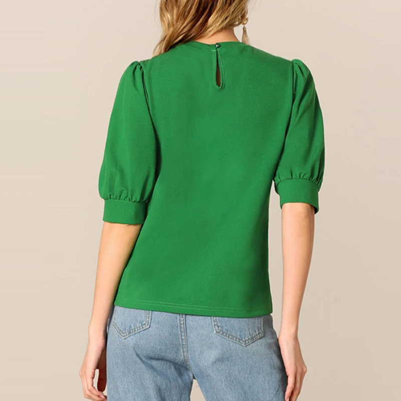 Женский Повседневный однотонный топ с вырезом на спине зеленая блузка пышными