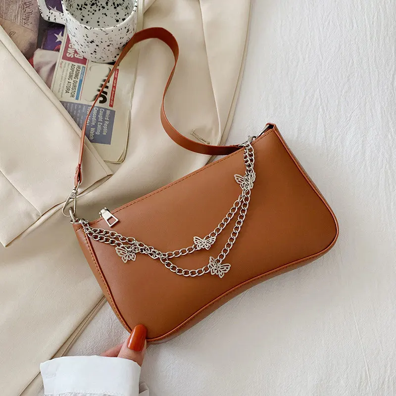 

Fashion Women PU Underarm Bag Chain Shoulder Bag Vintage Solid Color Bag Butterfly Small Square Bag Texture All-match Handbag