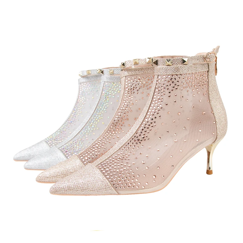 Модные дизайнерские свадебные ботильоны с заклепками и сеткой для девочек