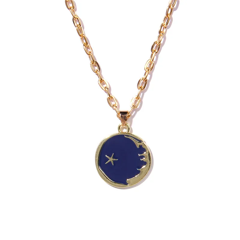 Painting Necklace For Women Moon Star Oil Drip Fashion Pendant Necklaces Long Chains Round Jewelry Friendship Gifts | Украшения и