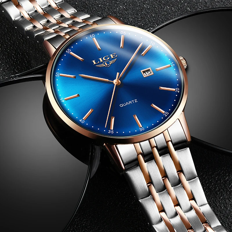 

Часы наручные LIGE Мужские кварцевые, модные брендовые Роскошные повседневные водонепроницаемые спортивные, из нержавеющей стали