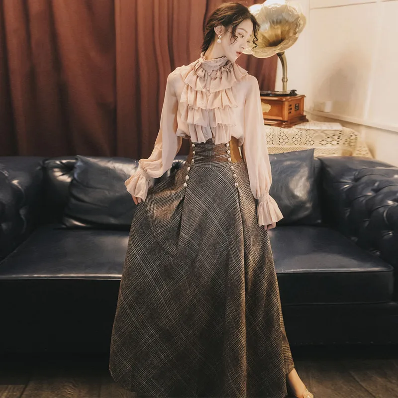 Французская рубашка с воротником стойкой + юбка из тонкой ткани костюм двух