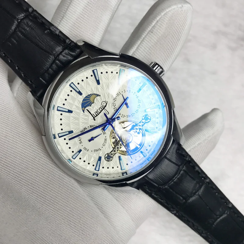 

Silver case White dial luxury Skeleton watch men AAA quality Black strap Mechanical self-winding sweeping watches
