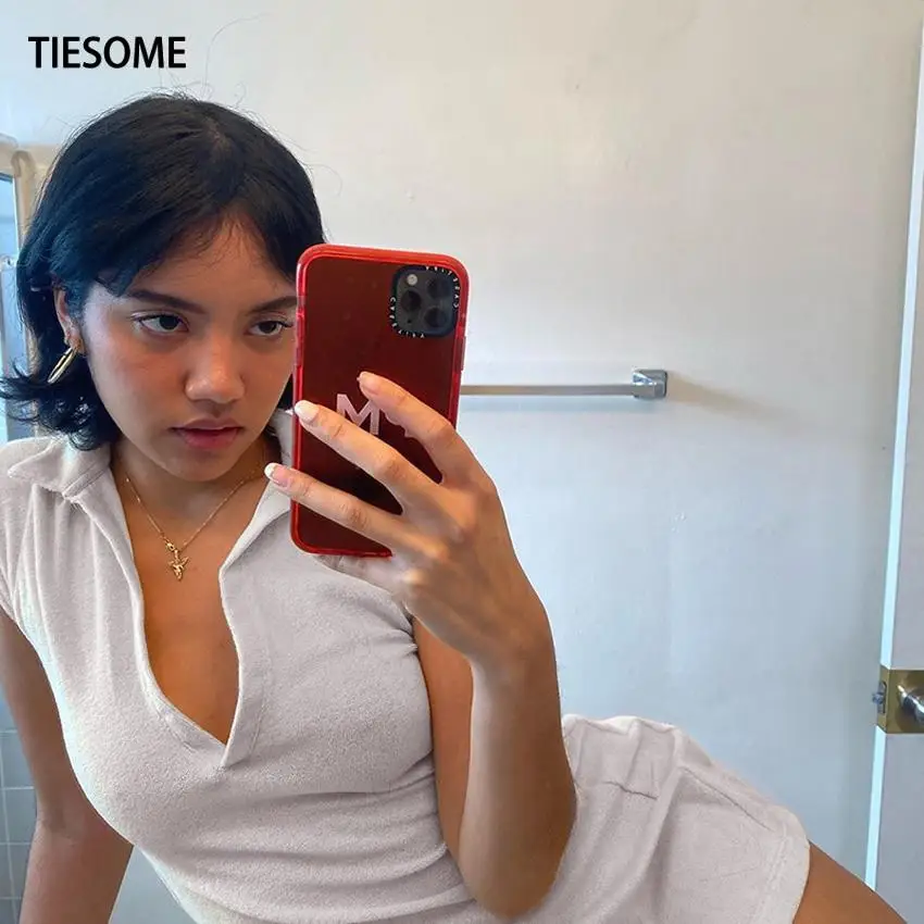 

TIESOME Mini Dress Women Slim Turn-Down Collar Sleeveless Sexy Club Dresses Cotton Summer Skinny Solid Clothing Female Fashion