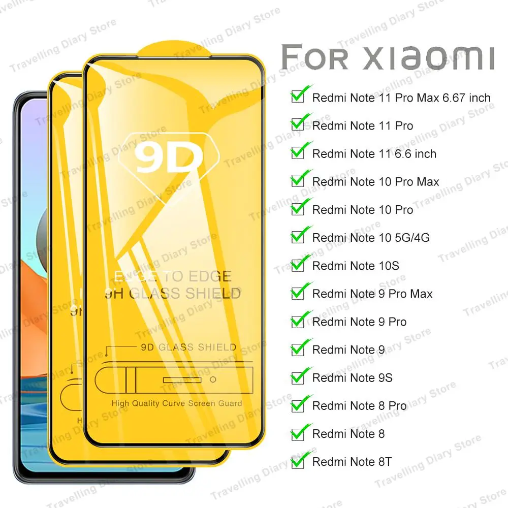 

Закаленное стекло 9D для Xiaomi Redmi Note 11/10/9 Pro Max, Защитная пленка для экрана Redmi Note 10, 4G/5G 9, 8, 10S, 9T, 9S, 8T, стекло противоударное