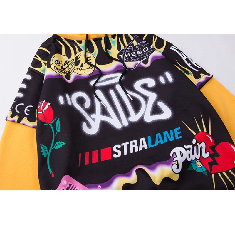 

Hoodies Men Colorful Hip Hop Cartoon Graffiti Print Streetwear Winter Hooded Loose Cozy High Street Sweatshirt Pullover