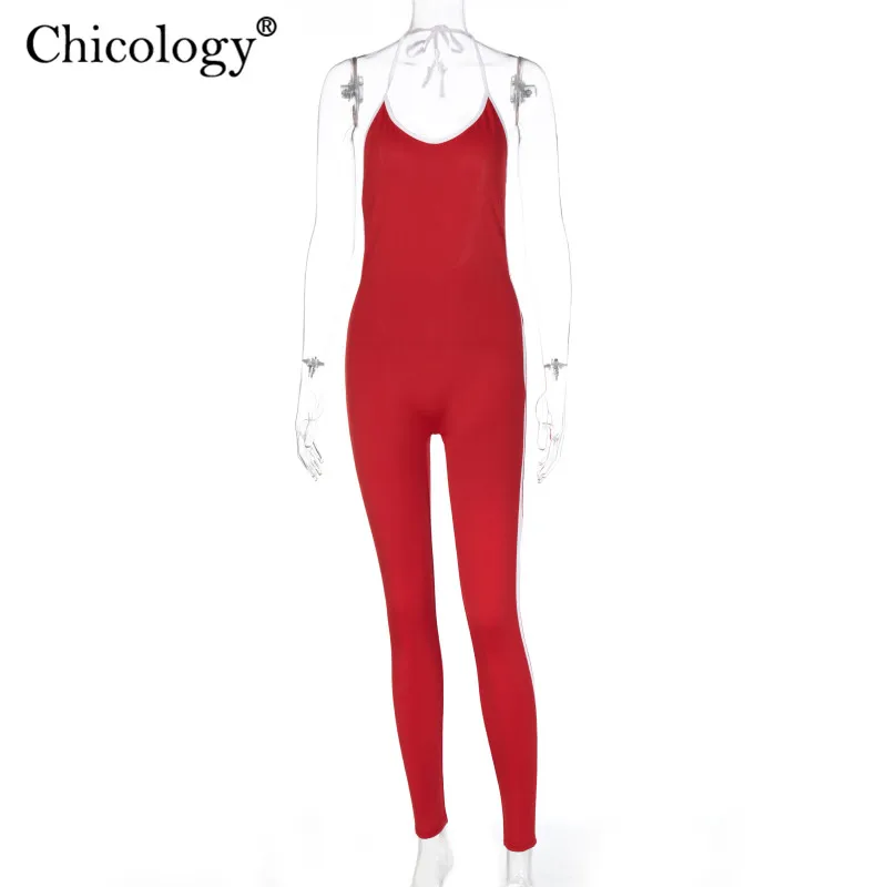 Chicology halter backless side stripe fashion jumpsuit neon sleeveless sportswear women 2020 summer streetwear lady sexy outfits | Женская
