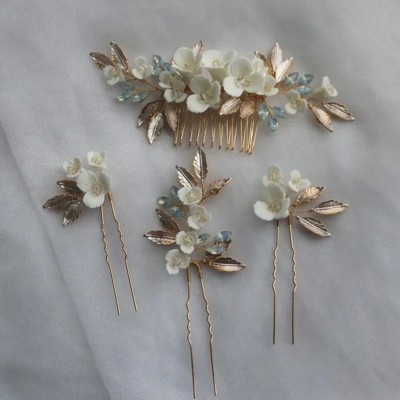 

Delicate Ceramic Flower Hair Comb Bridal Pins Gold Leaf Jewelry Handmade Wedding Headpiece Fashion Women Hairpiece