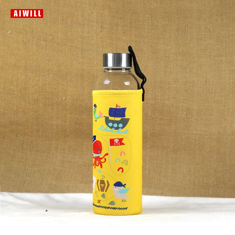New Yellow AIWILL короткая открытая здоровая бутылка для воды стеклянная 500 мл с веревкой летние спортивные стеклянные бутылки для воды для женщин девочек студенческий подарок - Цвет: New Yellow