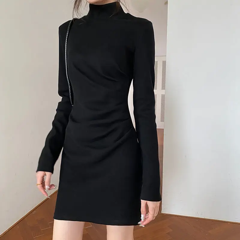 

Black High Neck Dress Bag Hip Dress Autumn and Winter Plus Velvet Elegant Slim Fit Waist Slim Dress Dresses for Women