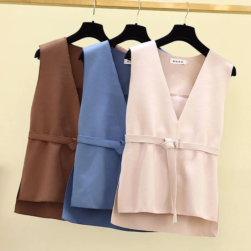 

Casual Loose Fashion Pullover Vest Female Jacket Belt Bow V-neck Woolen Sweater Women Blouse Spring Autumn Winter