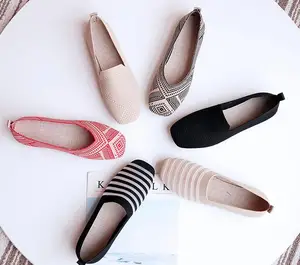New Women's Breathable Soft Bottom Camouflage Knit Flats Square Head Shallow Mouth Flat Ballerina Casual Shoes