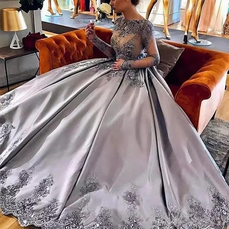 

New Elegant Silver Long Sleeves robe de soiree Lace Appliques Formal Prom Evening Gowns Luxury Long Appliue Evening Dresses