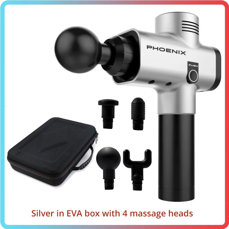 Silver in EVA Box Массажный пистолет для мышечного массажа, с низким шумом, воздействие на глубокие ткани, с 4 массажными головками, 3 уровня скорости, обезболивание, расслабление с походной коробкой EVA - Цвет: Silver in EVA Box