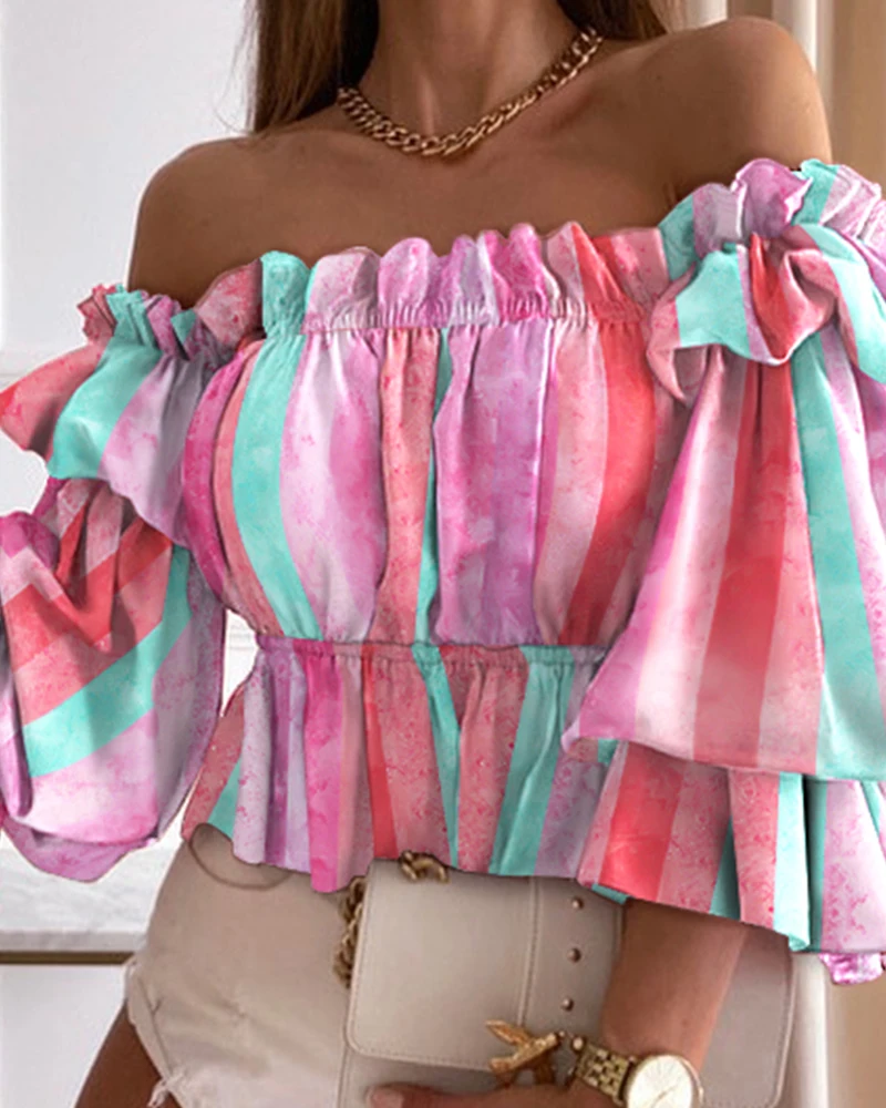 

Striped Long T-shirt Summer Sexy Flared Sleeve Edible Tree Fungus Slim Tops For Women