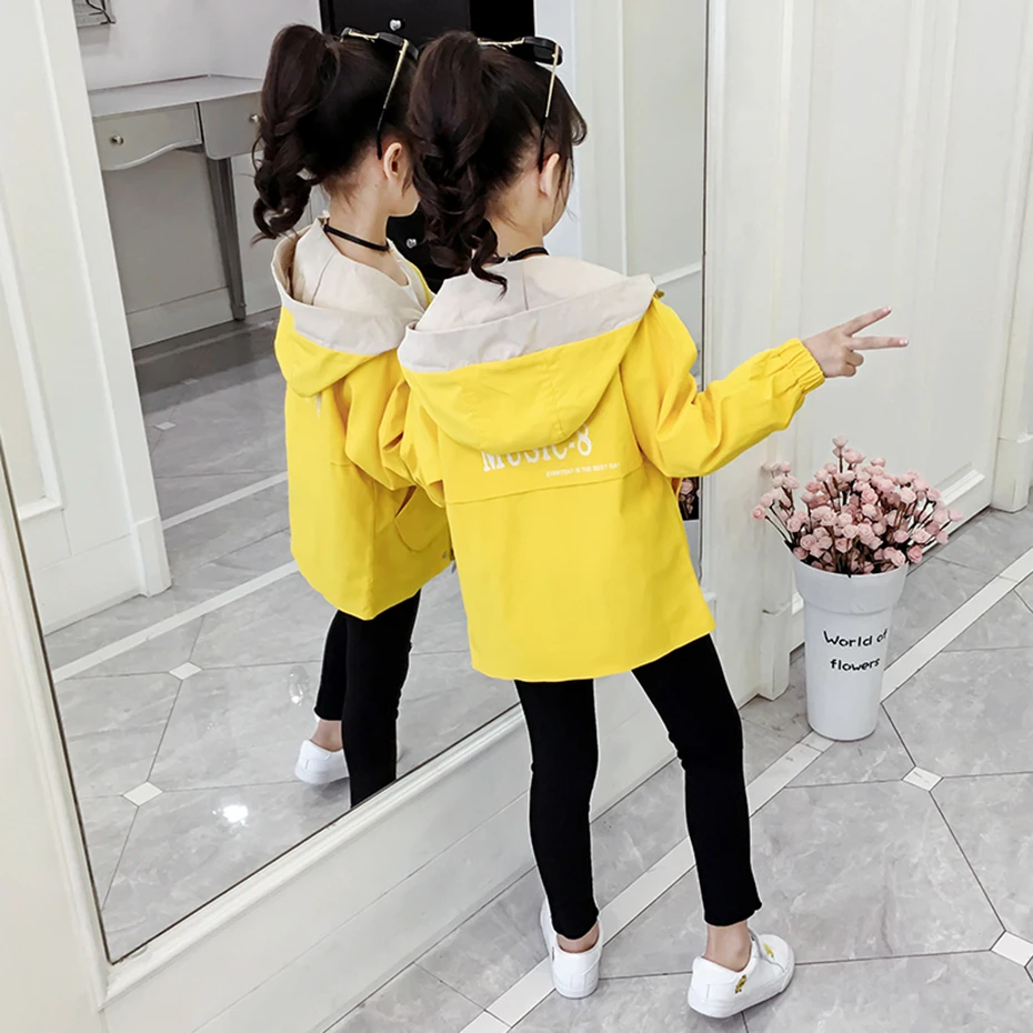 Kids Jacket Patchwork Hooded Windbreaker For Girls Letter Print Jackets Spring Autumn Novelty Outerwear School | Детская одежда и