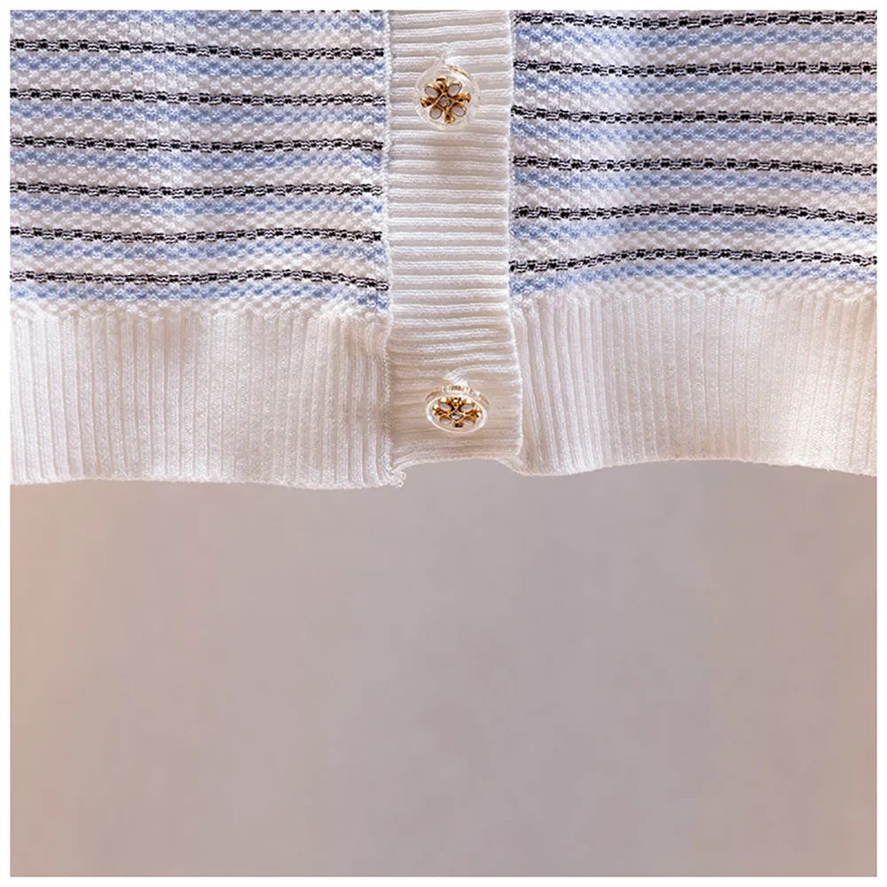 

Elegant Striped Glitter Metal Buttons Summer Thin Knitted Sweater Cardigan Women Fashion Loose Baggy Top Short Sleeve Tops