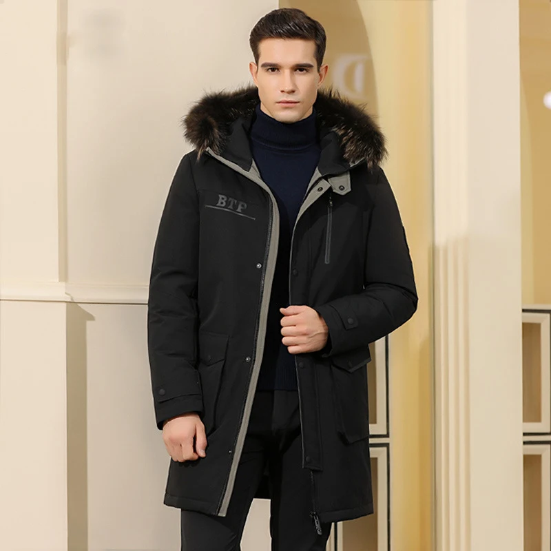 Мужской зимний пуховик с капюшоном средней длины на белом утином пуху | Мужская