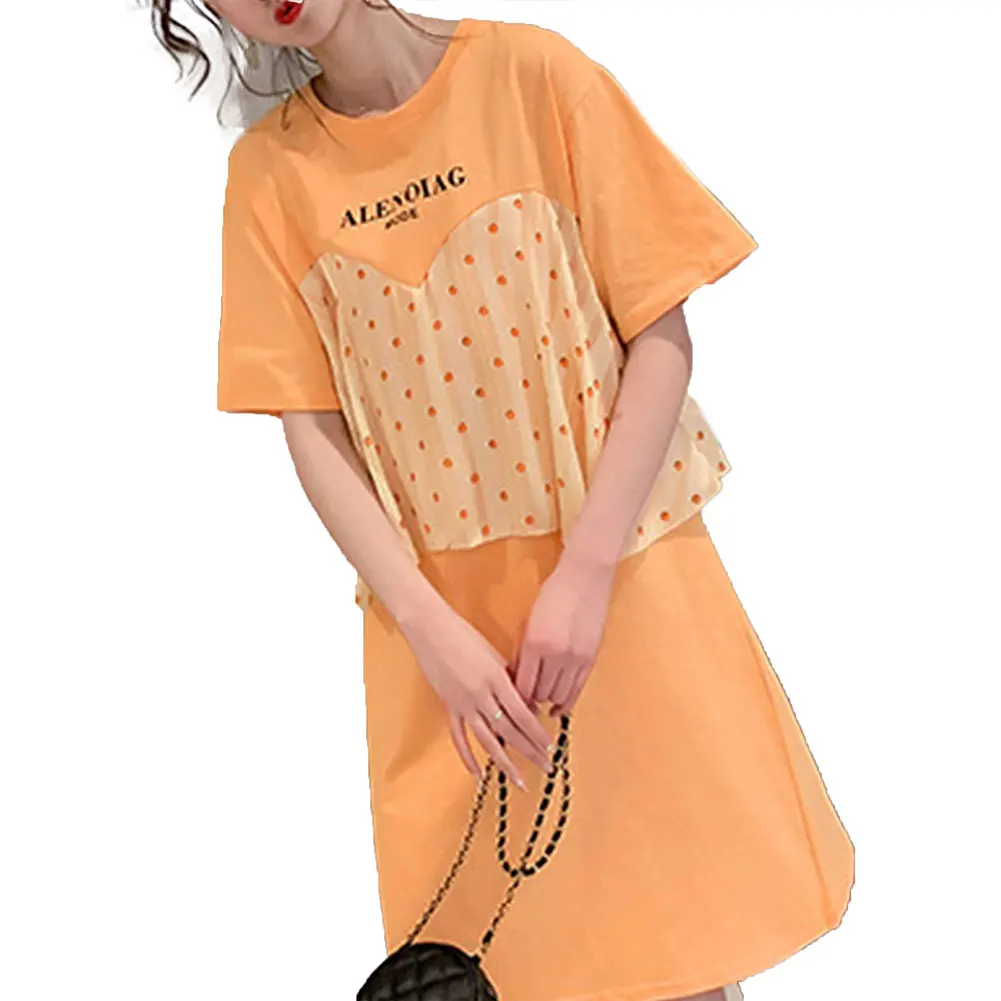 

Women Clothes Short Sleeve Letter Print T-shirt Woman Dress Stitching Fake Two Piece Polka Dot Ruffle Dresses for Women