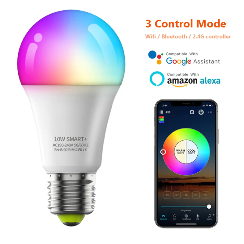 

E27 Smart LED RGB Light Bulb Dimmable Timer 2.4G / Wifi / Bluetooth 3 Mode Control Lamp Automation Work With Google Home Alexa
