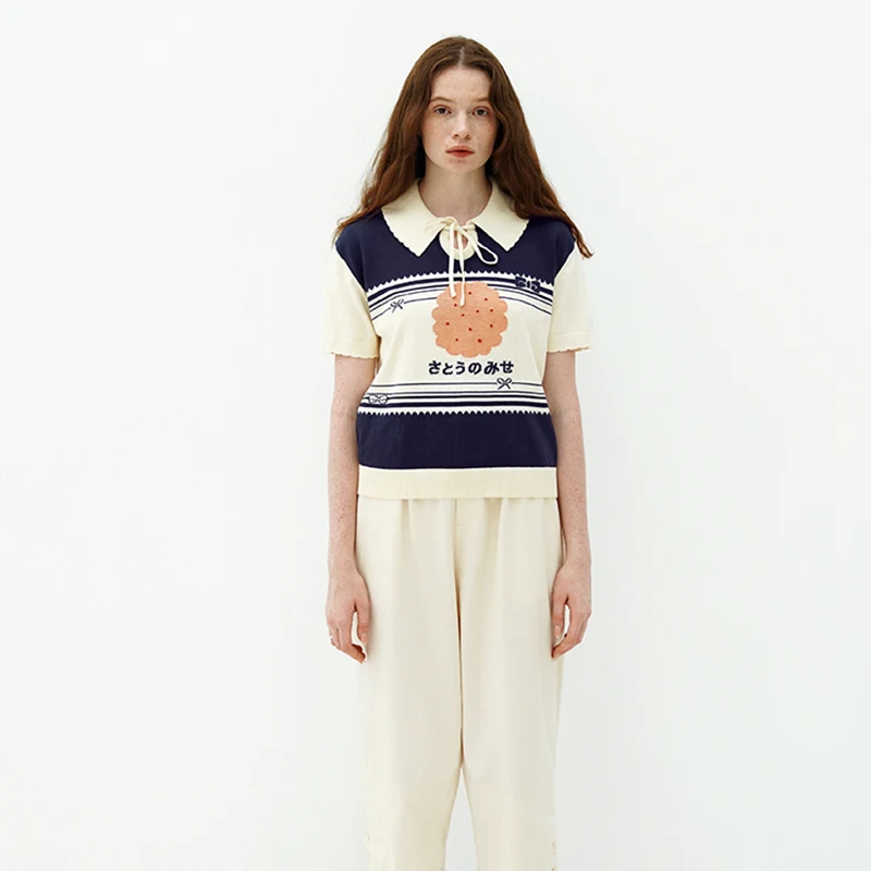 

Harajuku Biscuit Embroidery Knitted Doll Collar Short-sleeved Pullover Women's New High-quality Preppy Style T-shirt