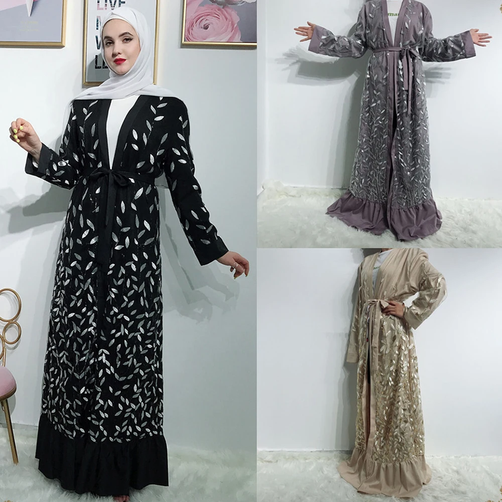 Turkish Dubai Elegant Leaves Embroidery Abaya Plus Size Sequins Wholesale Long Dress Muslim Islamic Women Clothing Lsm290