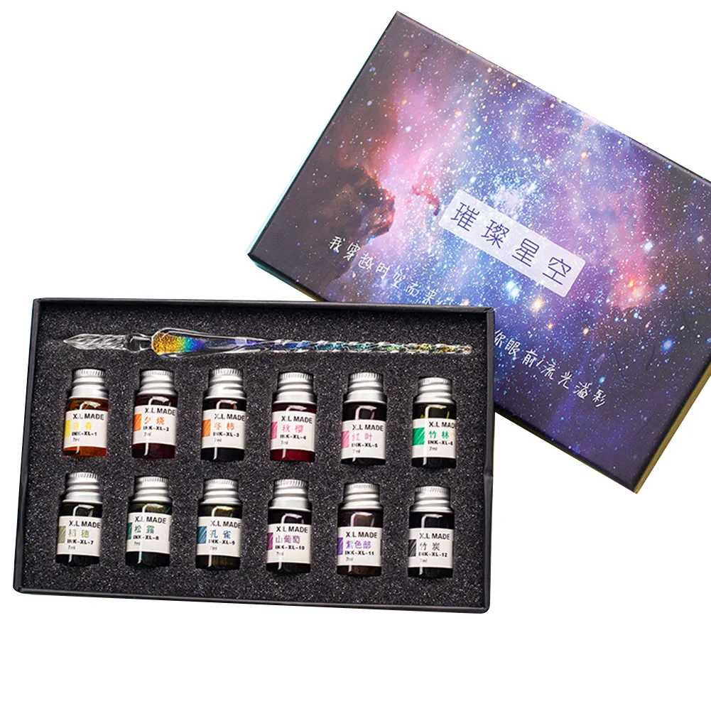 

Стеклянные Канцтовары для дома, Хрустальная каллиграфия, картина с 12 цветными чернилами, набор ручек для художественного творчества, Подар...