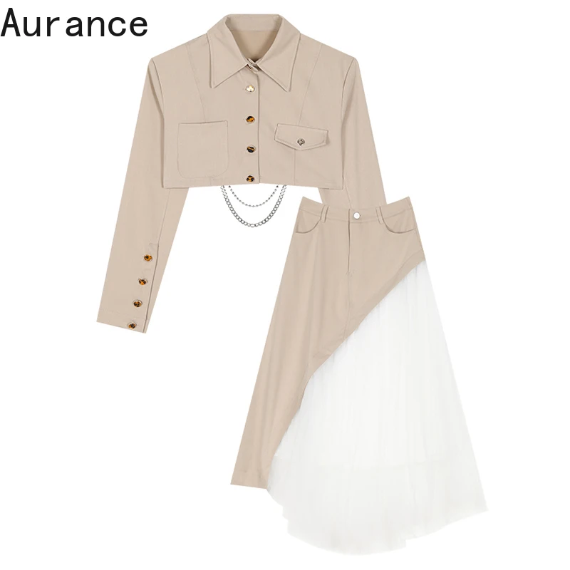 

[Aurance] Women Long Sleeve Irregular Khaki Half-body Skirt Two Pieces Suit New Lapel Loose Fashion Spring Autumn Female 2021
