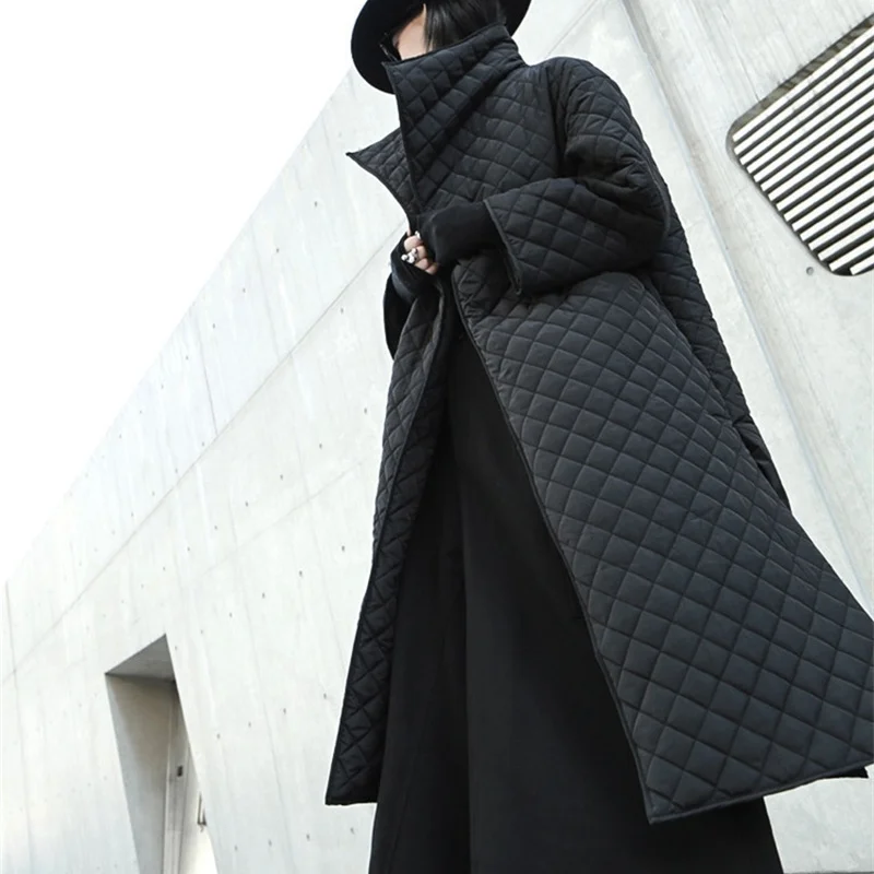 

2020 spring and summer dark high collar diamond lattice Quilted Cotton open side slit long cotton jacket women's