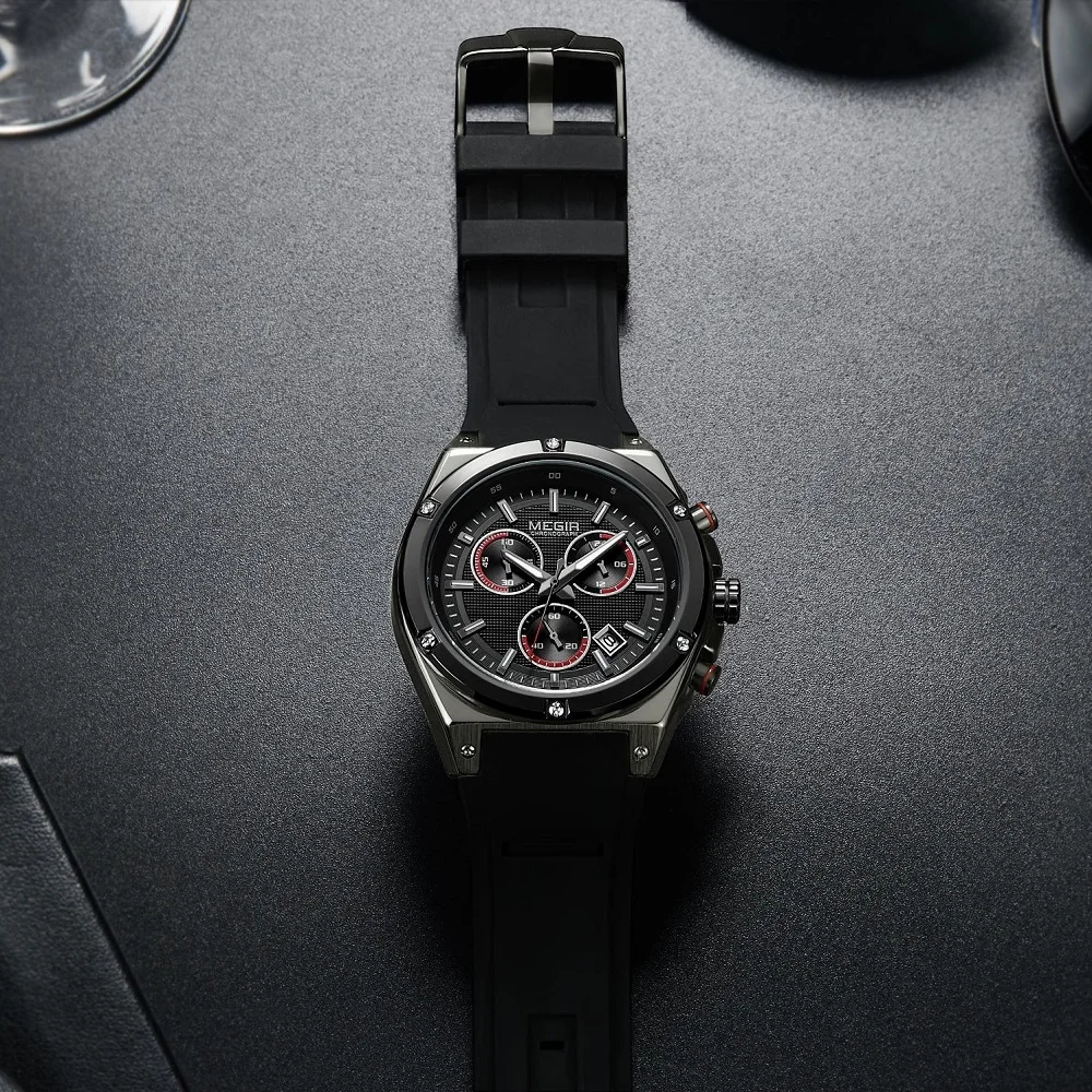 Люксовые часы от бренда Megir мужские черные Силиконовые Спортивные кварцевые
