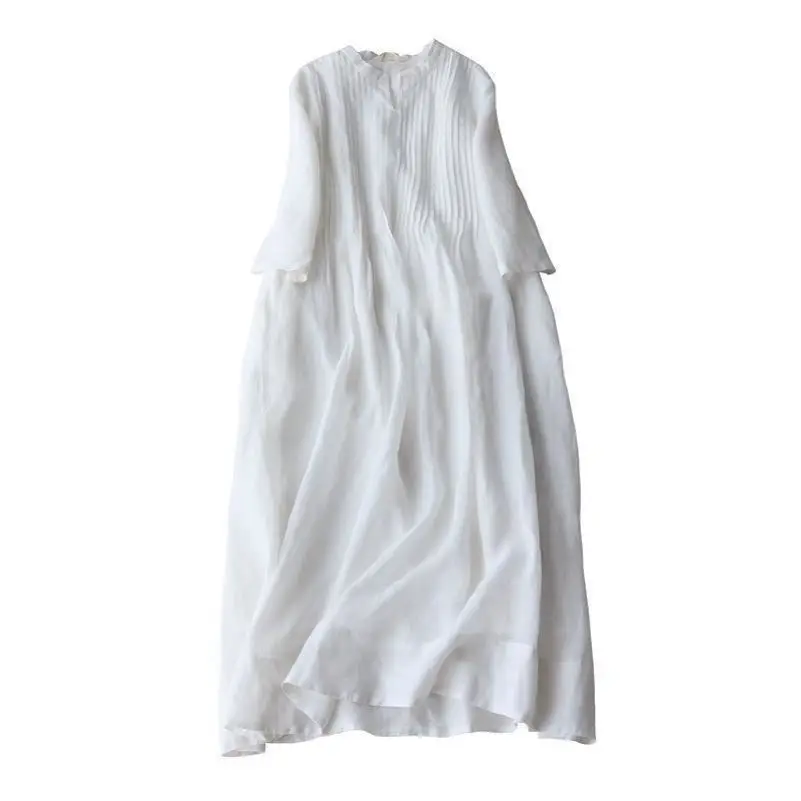 

Summer Women Female 3/4 Sleeve Folds Pleated Linen Long Dress , 2021 New Woman Clothes Loose 3xl Dresses